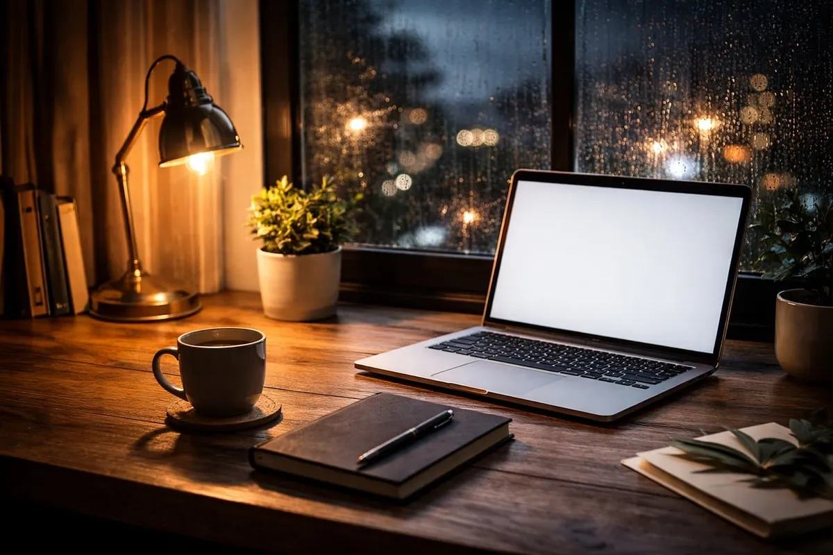 workspace, home office, laptop mockup, blank screen, desk setup, cozy workspace, night work, 4k wallpaper, productivity, free background, mac wallpaper, full hd