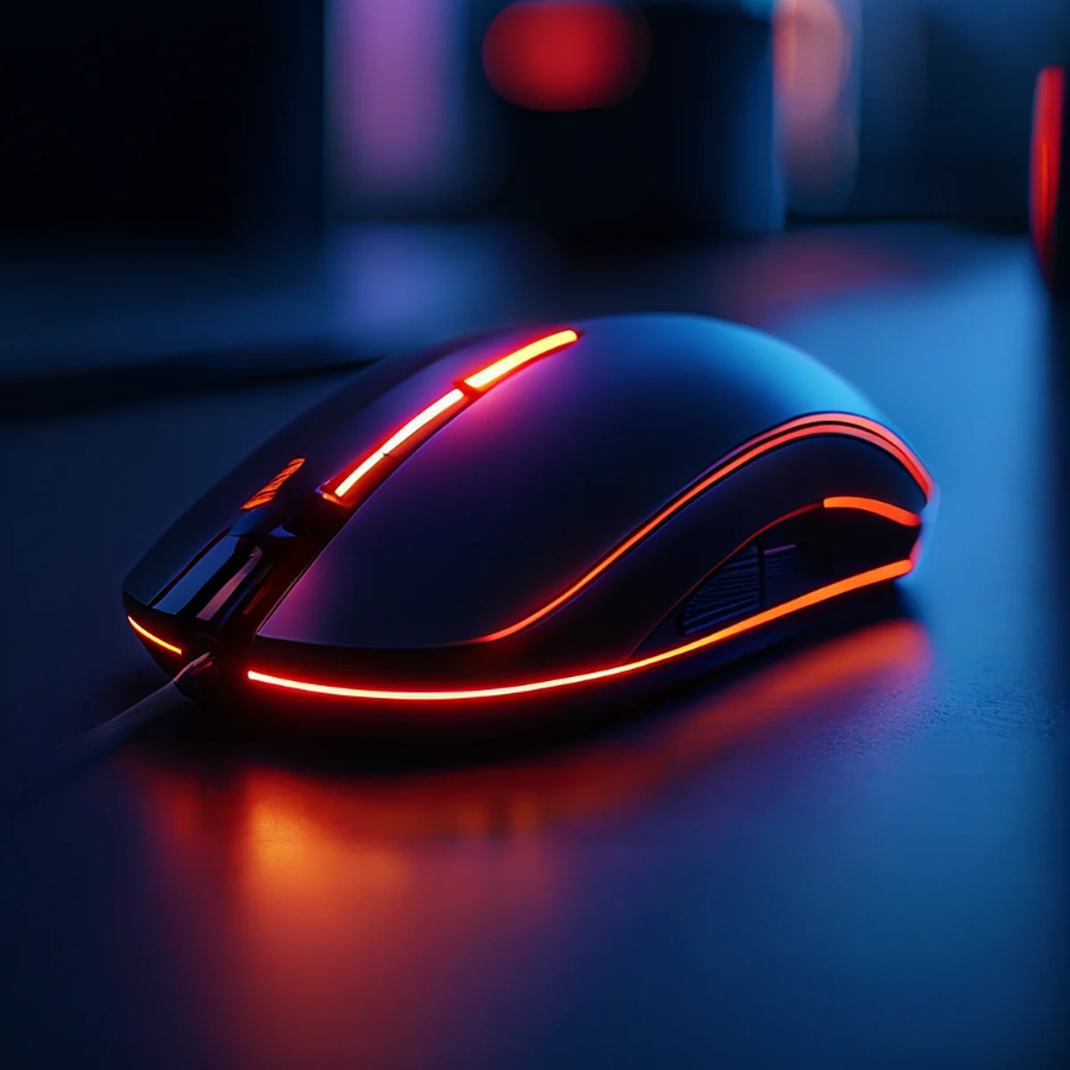 Detalhe em close-up de um mouse gamer com iluminação LED.