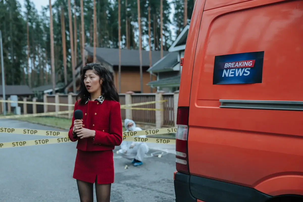 Female reporter in red outfit at an outdoor crime scene with warning tape and a news van.